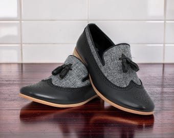 Men Handmade Formal Two Tone Leather And Fabric Oxford Brogue Wingtip Slip Ons