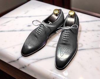 Handmade Mens Charcoal Gray Brogue Leather dress shoes. Formal shoes for men