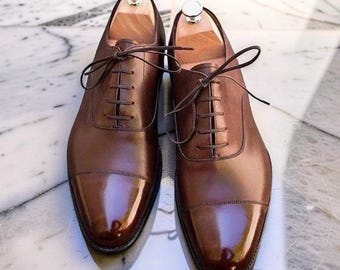 Handmade Brown Cap Toe Genuine Leather Oxford Lace Up Dress Office Shoes For Men
