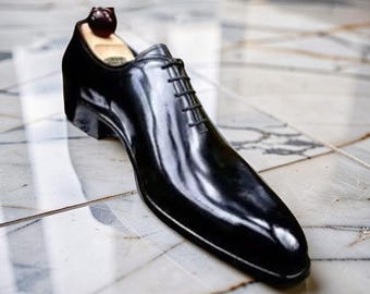 Zapatos Oxford de cuero hechos a mano para hombre, negros, con cordones, para vestir formalmente.