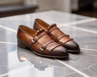 Ręcznie robione brązowe skórzane buty z frędzlami, eleganckie męskie obuwie formalne