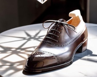 Super Fine Quality Men's Dark Brown Leather Oxford Cap-Toe Brogue Lace Up Shoes