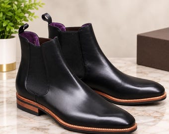 Bottines Chelsea noires pour homme, bottines à cheville élastique sur les côtés et semelle marron