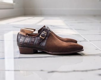Men's Brown Suede Monk Strap Shoes with Crocodile-Textured Panels