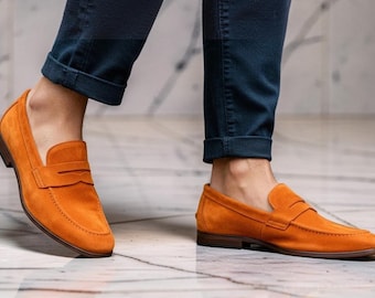 Handmade Orange Suede Leather Moccasin Dress Shoes, Men's Slip On Loafer Shoes