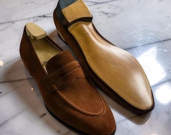 Handmade Genuine Suede Leather Brown Loafers Slip On Office Dress Shoes For Men