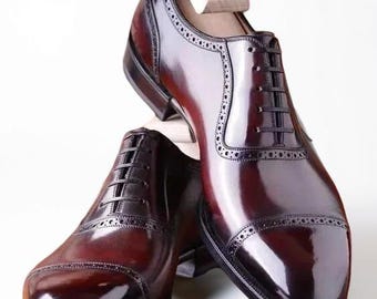 Chaussures de bureau habillées à lacets oxford en cuir véritable marron faites main pour hommes