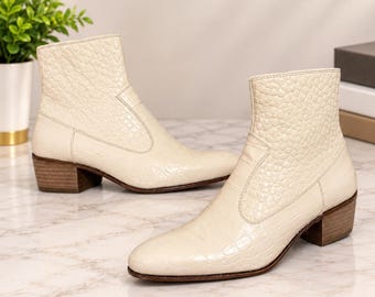 Men's Ivory Croc-Embossed Ankle Boots with Brown Block Heel