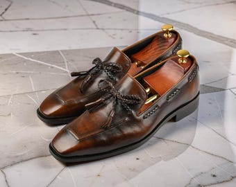 Handmade Men Shaded Brown Leather Moccasin Shoes with bow knot, Loafer Shoes