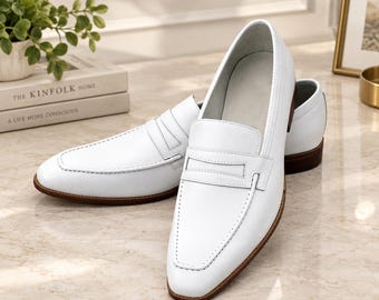Weiße, elegante Herren-Mokassins mit eckiger Spitze, Büroschuhe aus Echtleder