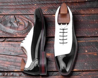 Handmade Men's Two Tone Black and White Brogue Lace Up Round Toe Dress Shoes