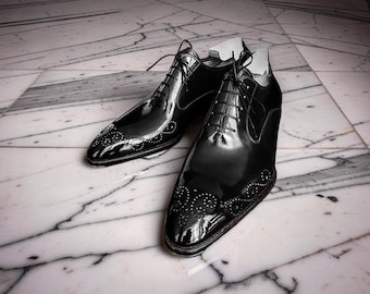 Handmade Black Leather Brogue Dress Shoes, Men's Formal Lace-Up Footwear