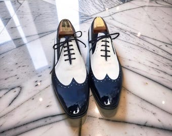 Handmade Real Leather Blue & White Dress Wingtip Lace Up Dress Shoes For Men