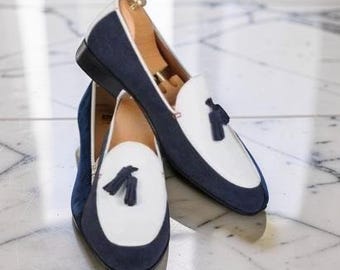 Handmade Tasseled SlipOn White & Blue Genuine Leather Office Dress Shoes For Men