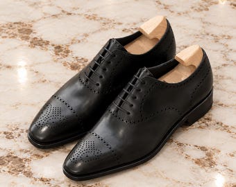 Zapatos Oxford de cuero negro hechos a mano para hombre, zapatos de vestir con puntera tipo brogue, calzado formal para bodas y negocios.