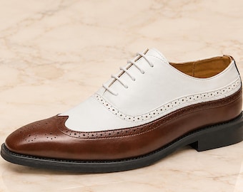 Men's Brown & White Two Tone Oxford Shoes, Wingtip Brogue Dress Shoes, Handmade Formal Wedding Lace Up Shoes