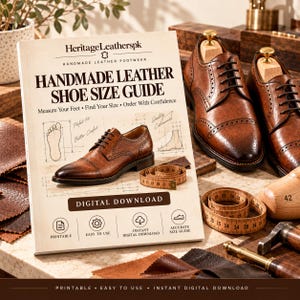 以下が含まれることがあります： HeritageLeatherspk Handmade Leather Shoe Size Guideと題された印刷ガイド。茶色のレザーオックスフォードシューズ、足の輪郭、メジャーのイラストが描かれています。ガイドの横には、靴紐付きの茶色のレザーオックスフォードシューズが2足置かれています。