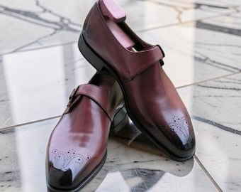 Handmade Mens Maroon Brogue Monk dress shoes, Men maroon leather formal shoes