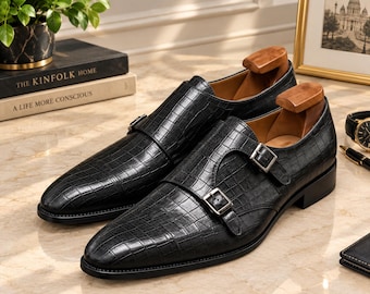 Men’s Black Double Monk Strap Shoes, Handmade Leather Dress Shoes, Two Buckle Formal Wedding Footwear