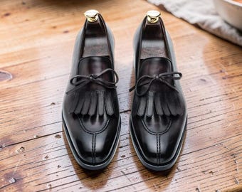 Handmade Black Leather Tassel Loafer Dress Shoes