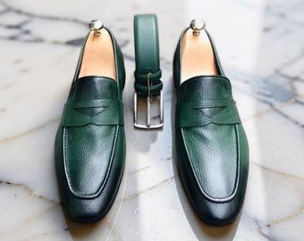 Handgefertigte Grüne Leder Mokassin Slip On Business Schuhe, Abendschuhe für Männer
