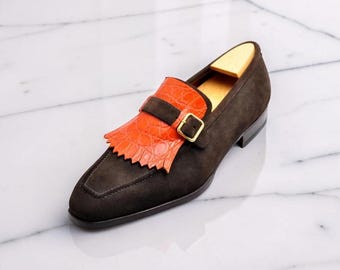 Genuine Handmade Men,s Removable Kilties Loafer Shoes Formal Dress Casual Shoe