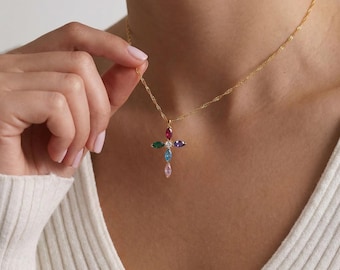 Rainbow Cross Necklace, Multicolor Cross Pendant, Birthstone Cross Necklace, Colorful CZ Cross Necklace, Gold Cross Necklace,