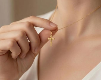 Orthodox Cross Necklace, Russian Orthodox Cross Necklace, Gold Cross Necklace, Christian Necklace, Religious Jewelry, Baptism Gift for Her