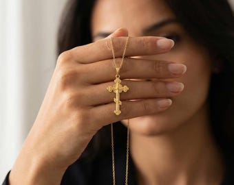 Naszyjnik z prawosławnym krzyżem, rosyjski naszyjnik z prawosławnym krzyżem, złoty naszyjnik z krzyżem, naszyjnik chrześcijański, biżuteria religijna, prezent na chrzest dla niej