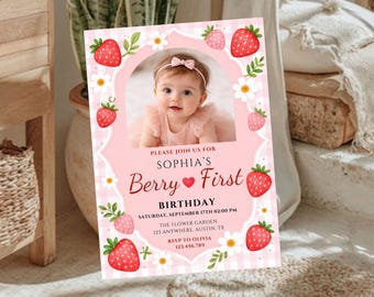 Berry First Birthday Invitation Template, Strawberry 1st Birthday Photo Invite, Sweet One Canva Editable Download