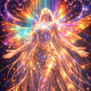 Puede incluir: Arte digital de una figura celestial con cabello largo y suelto, adornada con cadenas doradas y una luna creciente. La figura está rodeada de luz vibrante y multicolor y dos criaturas serpentinas en un cosmos estrellado.