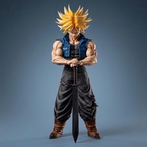 May include: A detailed figurine of a character with spiky yellow hair, wearing a blue denim vest, black top, and black pants. The figure is holding a large black sword. The character is posed with a serious expression, standing on a solid blue background.
