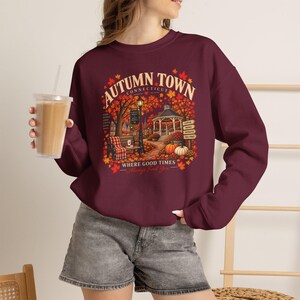 Autumn Town fall scene sweatshirt | pumpkin leaves cozy Connecticut crewneck