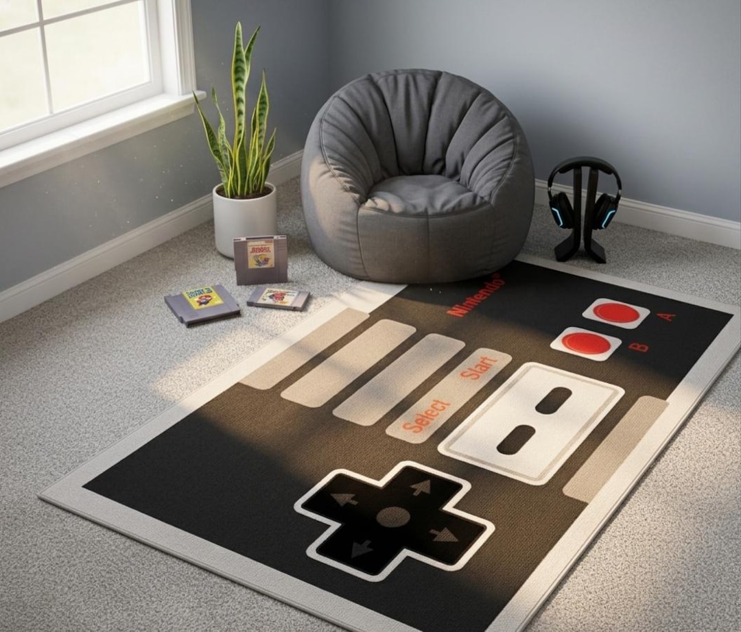 Retro Controller Rug Retro NES Controller Rug – Classic 8-bit Gaming Room Decor, Vintage ...