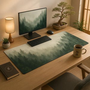 Zen Forest skrivbordsmatta – Minimalistisk naturskrivunderlägg för en lugn arbetsyta