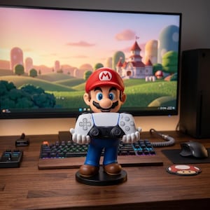 May include: A Mario character figurine standing on a circular black base, holding a white and black video game controller. The figure wears a red cap with an M emblem, a blue jumpsuit, and brown shoes, positioned in front of a computer monitor.
