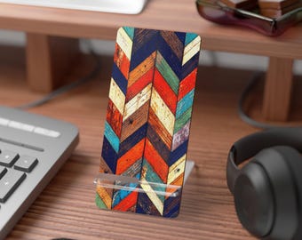 Colorful Chevron Wood Pattern Mobile Display Stand for Smartphones. Gift Idea for Her and Him. Modern Phone Stand.