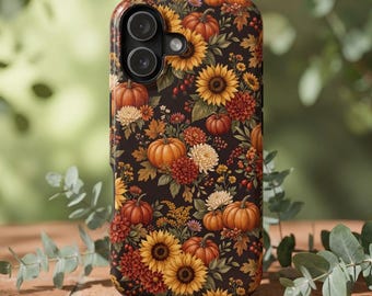 Autumn Sunflowers and Pumpkins Phone Case. Glossy or Matte. MagSafe Compatible. Magnetic Impact-Resistant Case. Gift Idea.