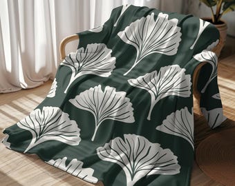 Ginkgo Leaf Pattern Velveteen Plush Blanket. Botanical Green Throw. Minimalist Design. Birthday or Christmas Gift Idea.