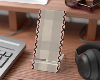 Neutral Plaid with Wavy Border Phone Stand. Mobile Display Stand. Birthday or Christmas Gift Idea.