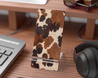 Brown Cowhide Pattern Mobile Display Stand, Phone Stand. Birthday Gift Idea for Her and Him. Modern Phone Holder.