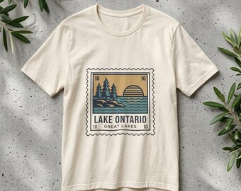 Lake Ontario Stamp Graphic Tee | Great Lakes Retro Travel Shoreline