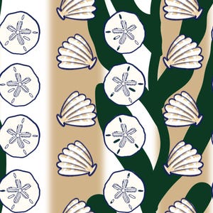 May include: A repeating pattern featuring cream-colored sand dollars and seashells with dark blue outlines and gold accents. The design is set against a backdrop of white, tan, and dark green organic shapes, creating a coastal theme.
