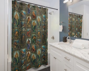 Mermen Shower Curtain | Art Nouveau Mermaid Panel Shower Curtain | Vintage Ocean Nymphs Pattern | Gift for Him