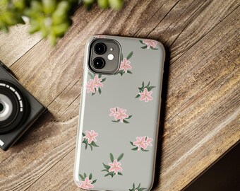 Gray Pink Floral Pattern Phone Case | Protective Tough Case, Easter Lily Design in Watercolor, Botanical Pattern
