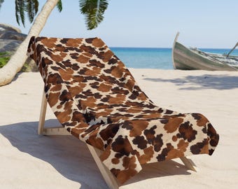Brown Cowhide Pattern Beach Towel. Animal Print, Modern Western Rustic. Gift Idea.