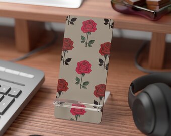 Red Rose Pattern Mobile Display Stand for Smartphones | Floral Phone Stand Gift Idea for Her
