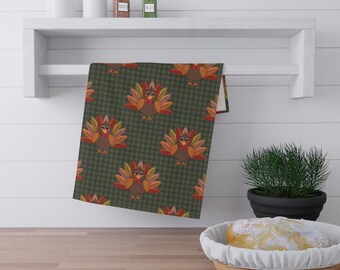Cute Cartoon Turkey Tea Towel. Thanksgiving Kitchen Towel, Fall Plaid. Hand Drawn Kawaii Turkey on Green Gingham Pattern