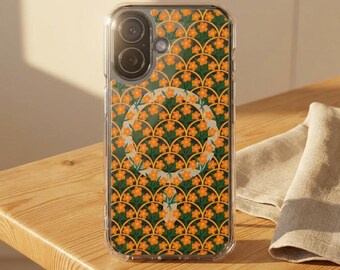 Magnetic Clear Impact Case for iPhone, MagSafe Compatible, Retro Orange Floral Pattern, Vintage Aesthetic Cute Phone Case