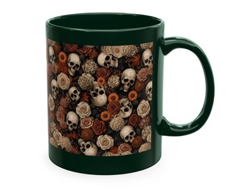 Vintage Skull and Flowers Pattern Mug | Gothic Floral Ceramic | Custom Cozy Fall Winter Gift for Her | Personalizable Gift